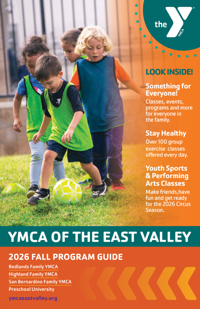 2026 YMCA of the East Valley Fall Program Guide Cover With Child Kicking Soccer ball.
