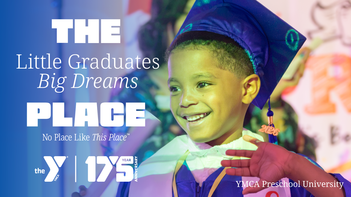 A Preschool Graduate waving with the text, The Little Graduates Big Dreams Place.